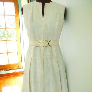 Classy 60s White Linen Jackie O Vintage Midi Dress